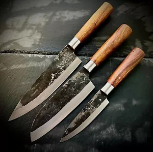 Jayger Handmade Kitchen Knife Set | Chef | Santoku | Paring | Round Wood Handle - Picture 1 of 10