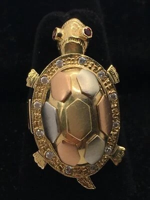 Impressive 14K Tricolor Gold Cr. Ruby and CZ TURTLE Handmade Ring 13.1g Size 7.5 - Image 1 of 4