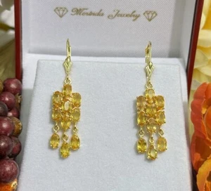 Pendientes colgantes de oro macizo de 14k con cierre de palanca, zafiro amarillo natural 4,39 gramos - Imagen 1 de 7