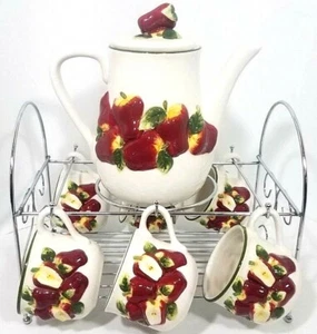 Raised Red apples Ceramic Pitcher And 6 Cups With holder/stand - Picture 1 of 12