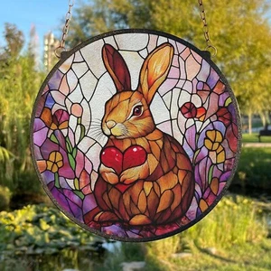 Rabbit And Heart Painted Stained Glass Suncatcher, Cute Bunny Window Decor - Picture 1 of 5