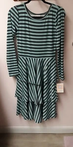 LuLaRoe Georgia Dress Size SM Blue Aqua Stripes 3 Layer Skirt LS Scoop Neck NWT - Picture 1 of 3