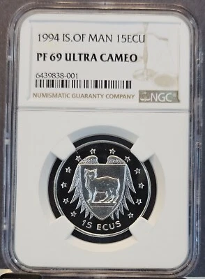 1994 ISLE OF MAN SILVER 15 ECU MANX CAT NGC PF 69 ULTRA CAMEO RARE TOP POP - Image 1 of 3