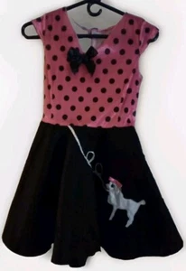 Girls Poodle Skirt Dress 50s 60s Pink Black Polkadot Long Skirt - Picture 1 of 5