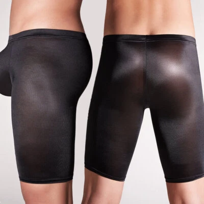 Men's High Elastic Shiny Glossy Short Leggings Low Rise Bulge Pouch Boxer Shorts - Image 1 of 4