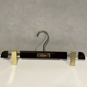 TOM FORD Wooden Pants Hanger 14" Adjustable Clips Brown Gold Wood Authentic - Picture 1 of 6