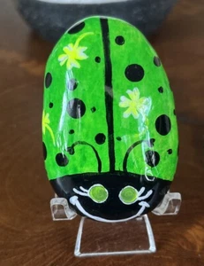 “Shamrock Green Lady Bug” Hand Painted Rock Collectible Garden Outdoor Art Decor - Picture 1 of 5
