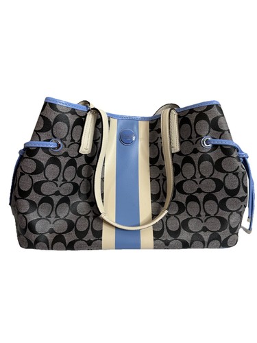 Borsa a tracolla Coach F22908 Signature Stripe Carryall in tela rivestita grigio blu