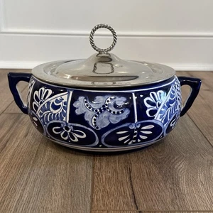 Vintage Mexican Talavera Blue & White Ceramic Soup Tureen Floral Design W Lid - Picture 1 of 14