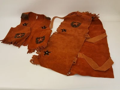 Chaleco Disfraz Vaquero Vintage Años 70 Naranja Gamuza Cuero Niños + Chaps Estrella Flecos Foto 1 de 4