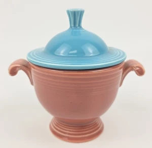 Fiesta Turquoise Blue Rose Pink Covered Sugar Bowl Ceramic Pottery Dish USA Vtg - Picture 1 of 9
