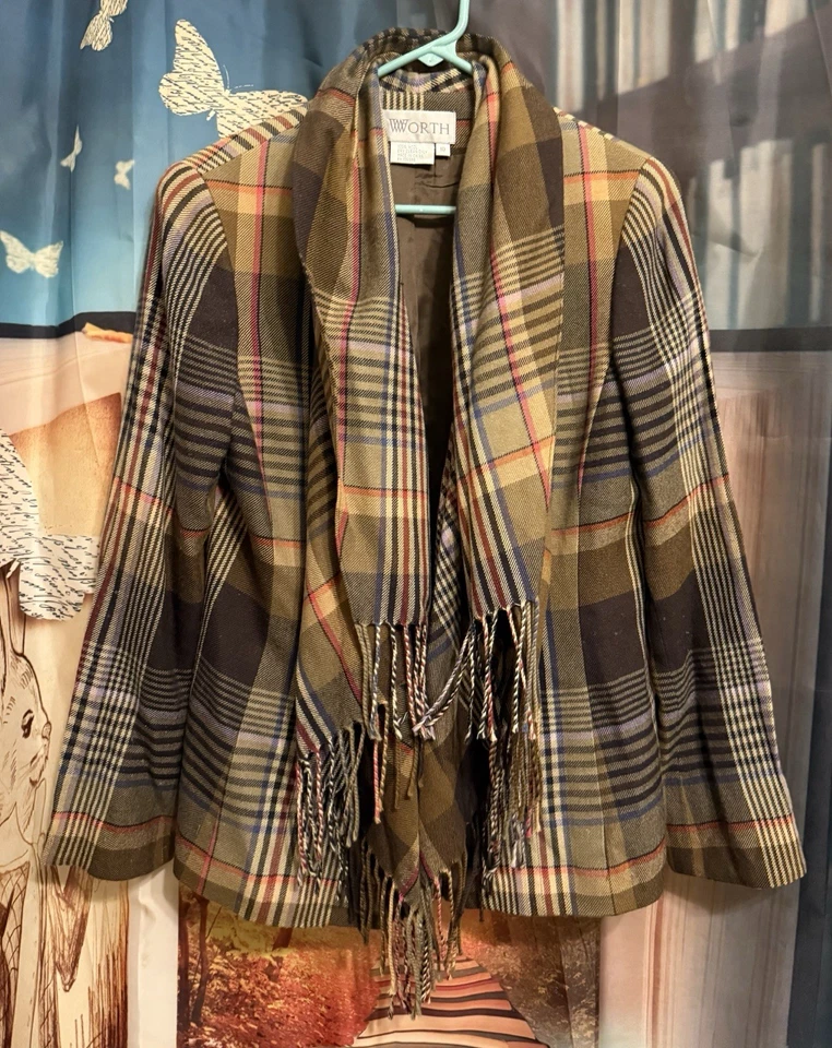 Chaqueta Blazer Worth con Flecos a Cuadros 100% Lana Talla 10 Usada Buen Estado Foto 1 de 4
