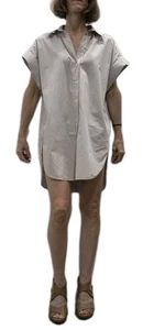 H&M SHIRT DRESS S UK8/10 beige white striped cotton button up collar oversize - Picture 1 of 17