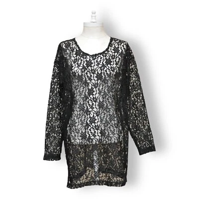 Vintage Lace Shirt Womens Medium Black Top Made in USA Sheer Blouse - Image 1 of 4