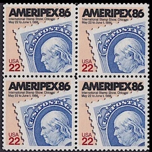 1985 AMERIPEX 86 MNH Block 4 x 22¢ Stamps #2145 International Stamp Show Chicago - Picture 1 of 2