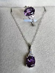 Premium Amethyst / White Zircon Ring & Pendant in Platinum Sterling--20 In. Sz 6 - Picture 1 of 11