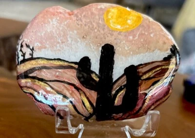 Hand Painted Rock “Rustic Desert With Cactus” Collectible art Garden Decor - Image 1 of 4