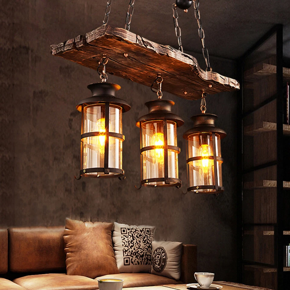 3-Light Farmhouse Loft Rustic Chandelier Wood Pendant Ceiling Light Fixture Lamp - Image 1 of 4