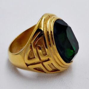 RING MEN EMERALD simulated STAINLESS STEEL YELLOW GOLD CROSS  POPE bishop SZ 9 m