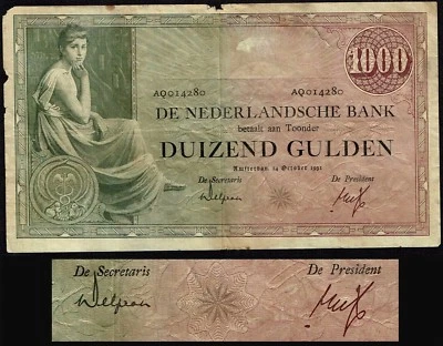 NETHERLANDS 1000 1,000 GULDEN P48 1931 Type II PRE EURO RARE CURRENCY BANKNOTE   - Image 1 of 2