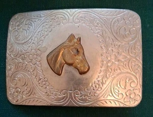 Raised Horse Head - Vtg. Nickel Silver ornate flower swirl engraved belt buckle - Picture 1 of 4