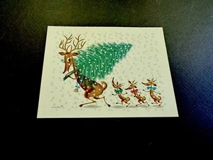 1 VTG Xmas Greeting Card Stan Fraydas 3 Silly Fawn Following Papa Deer W/ Tree - Picture 1 of 3