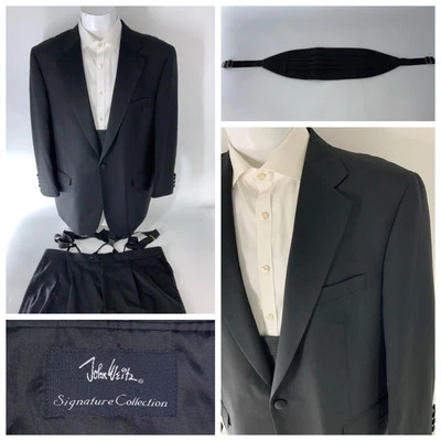 John Weitz Tuxedo 44R Black Poly Wool 39x28 Pleated W/ Cummerbund YGI O2-209 - Image 1 of 4