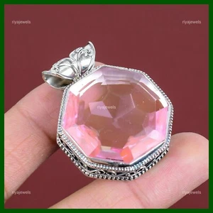 Sterling Silver Octagon Pink Kunzite Gemstone Bezel New Unique Vintage Pendant - Picture 1 of 6