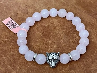 "Brazalete con dije de cabeza de leopardo/pantera cuentas de cristal de cuarzo rosa de 8"" pulgadas nuevo sin etiquetas" Foto 1 de 4