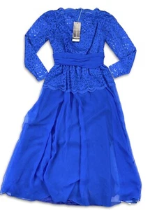 NAN SAWYER NWT VINTAGE SIZE 14 LONG DRESS PLEATED LONG SLEEVED BLUE - Picture 1 of 23