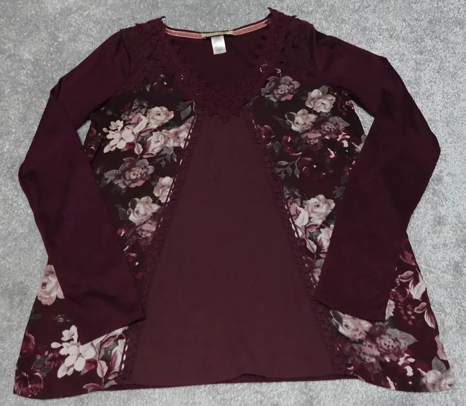 Davina 花卉蕾丝上衣女式大号勃艮第长袖套衫 — 第 1/4 张图片