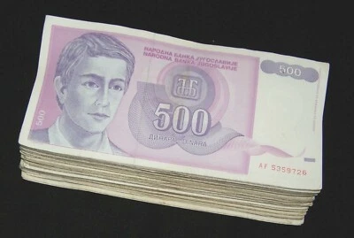 100 Pcs x Yugoslavia 500 Dinara Banknotes, 1992 P-113 Full bundle-circulated - Image 1 of 2