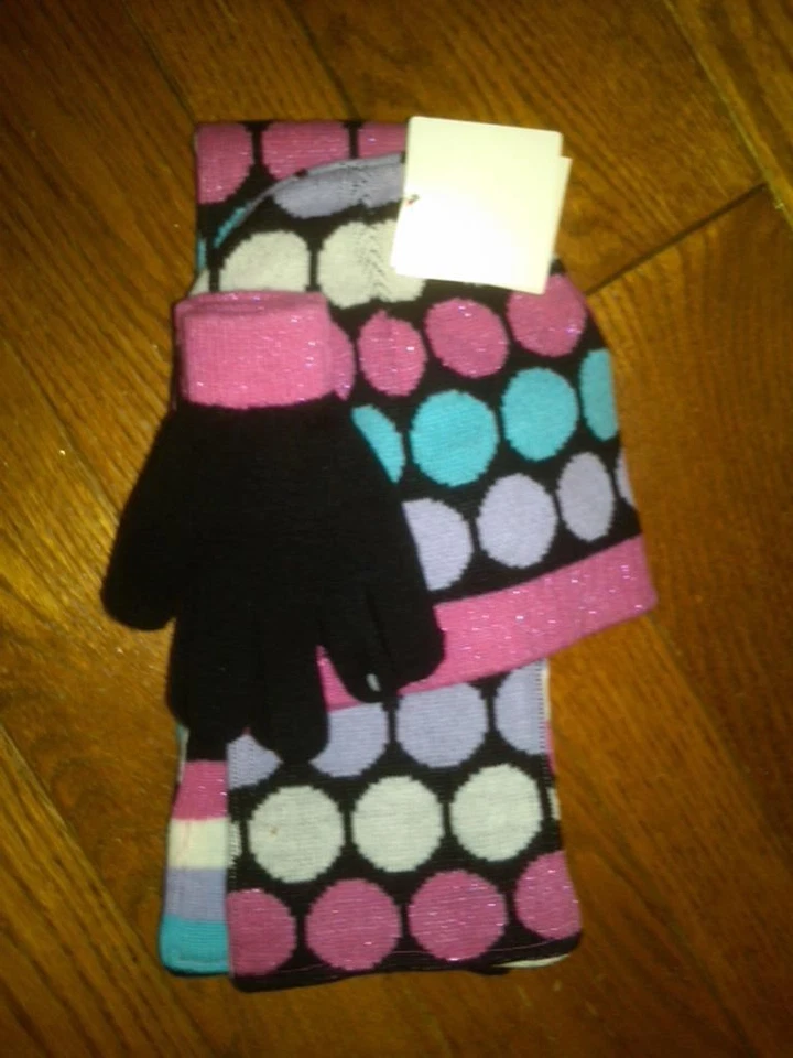 NUEVO CON ETIQUETAS NIÑAS CONJUNTO DE 3 PIEZAS SOMBRERO, BUFANDA, GUANTES REVERSIBLE CÍRCULO RAYAS PATRÓN TALLA ÚNICA Foto 1 de 1