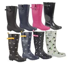 LADIES GIRLS WIDE CALF FITTING FASHION WELLINGTON BOOTS BLACK NAVY - Picture 1 of 27