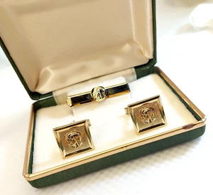 Vintage Herren Goldfarben Jesus und Maria Manschettenknöpfe & Krawattenklammer Set, Original Box - Bild 1 von 12