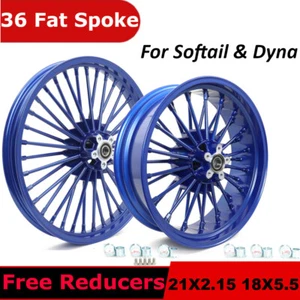 21x2.15 18x5.5 Fat Spoke Wheels Blue Rims for Harley Dyna Street Bob Low Rider - Picture 1 of 9