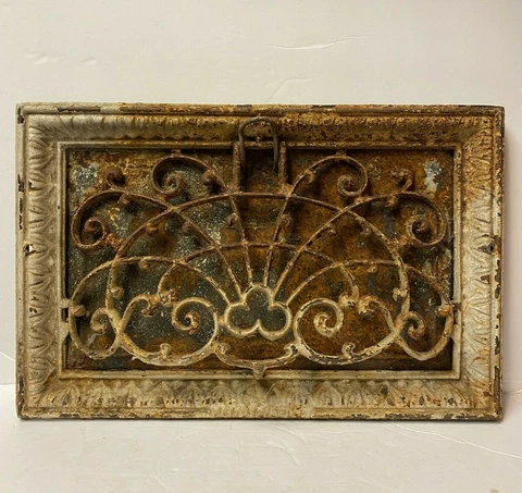 Antq Architectural Ornate Cast Iron Metal Wall Heater Grille Grate Vent Register Cover
