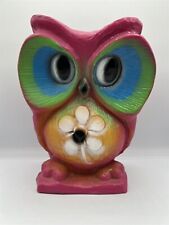 VINTAGE MID CENTURY MOLDED PLASTIC PINK OWL COIN BANK BRIGHT COLORS HIPPIE