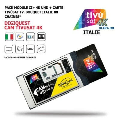 Pack Module CI+ CAM Tivusat 4K + Carte Bouquet Tv Italien Digiquest 88 chaines - Immagine 1 di 4