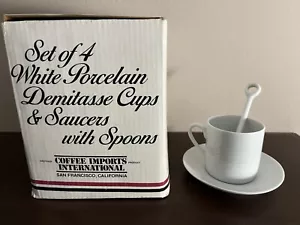 Set Of 4 Coffee Imports Demitasse Coffee Cups Saucer Spoon Porcelain White New - Picture 1 of 4