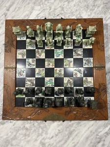 CHESS BOARD WOOD VINTAGE HANDMADE CARVED STONE PLAYER MADE IN JAPAN 1940's - Picture 1 of 24