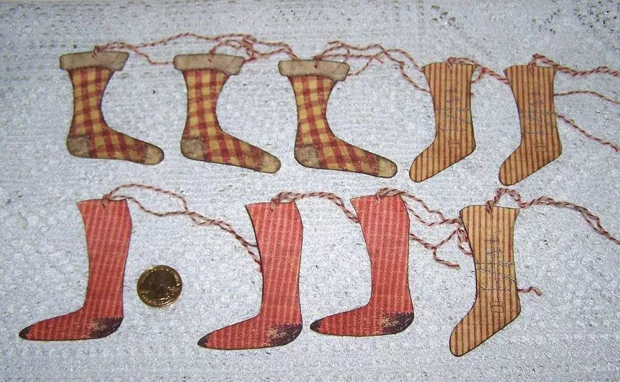 9-Christmas-Primitive-Farmhouse-Stocking-Fussy Cut-Linen Cardstock-Gift-Tags - Image 1 of 1