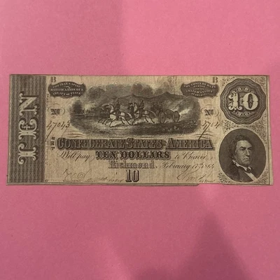 1864 Ten ($10) Dollar Bill CSA Note Confederate States of America Richmond - Image 1 of 2