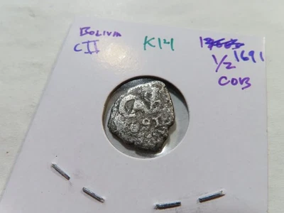 K14 Spanish Colonial Bolivia Charles II 1691 Silver Cob 1/2 Real - Image 1 of 2