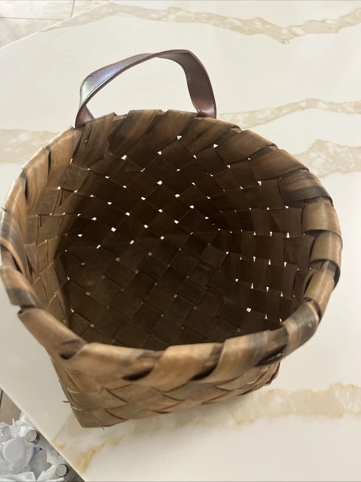 Rustic Style Wall Hanging Basket With Faux Leather Strap And Brass Hardware - Image 1 of 4