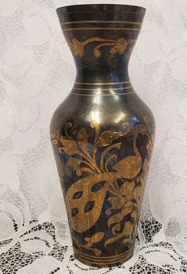Solid Brass Etched MCM Vase 8.25" Tall Detailing Black & Gold Rim Peacocks - Image 1 of 4