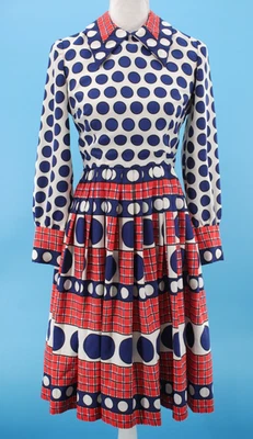 Vestido Midi De Colección Para Mujer Años 60 Blanco, Azul y Rojo Lunares Mod Línea A Talla S/M Años 60 Foto 1 de 4