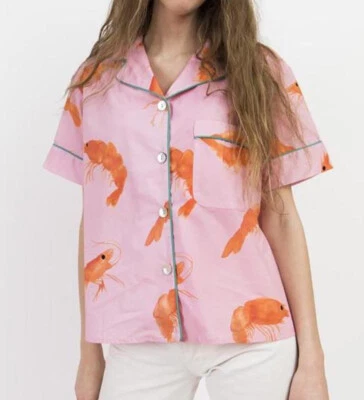 Rachel Antonoff Ari PJ Top Camisa Rosa Camarón Estampado Gambón Pijama Abotonado XS Foto 1 de 4