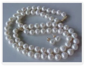 8 mm Weiße Akoya Muschel Perle Runde Perlen 14K GP Halskette + Armband + Ohrringe Set - Bild 1 von 6