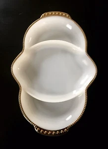 Vintage FIRE KING Divided Dish 3 Part Relish Tray White Milk Glass Gold Rim - Picture 1 of 4